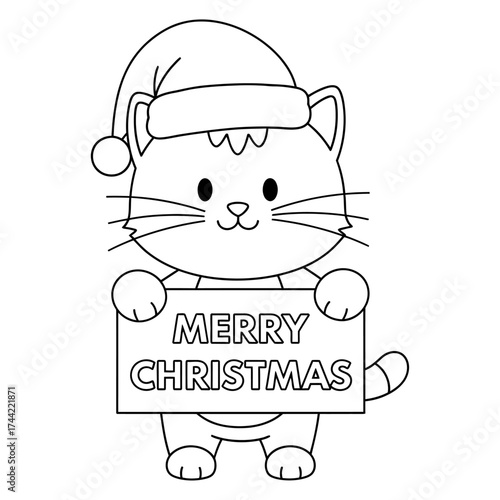 Cute cartoon cat in Santa hat holding Merry Christmas sign vector illustration. Kids coloring page, holiday greeting card design element. Adorable festive black and white animal character for children