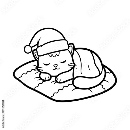 Sleeping cat in Santa hat on a pillow. Cute Christmas coloring page vector for kids.