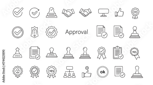 Approval Line Icons Set. Vector illustration in modern thin line style of certification, validation, agreement, and quality assurance concepts. Isolated on transparent background.
