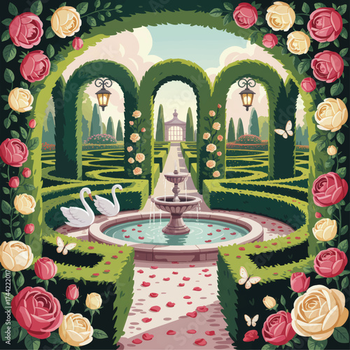 Romantic Rose Garden With Swans, Decorative Fountain, Hedges, Arches, Butterflies, and Path in Elegant Vector Illustration