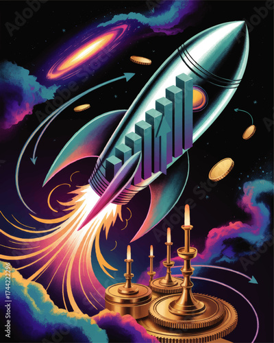 Futuristic Rocket Launch with Financial Growth Chart, Candlesticks, and Cryptocurrency Coins in Outer Space Illustration