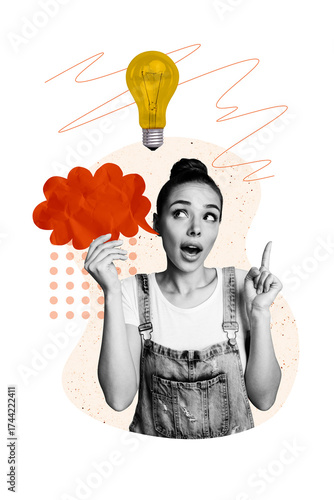 Vertical photo collage of amazed girl point light bulb idea cloud electricity power speech listen gossips isolated on painted background