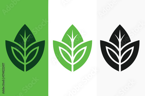 Three stylized leaf icons in different color variations