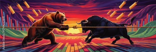 Vibrant Bull vs Bear Tug of War Illustration – Stock Market Rivalry, Financial Concept, Colorful Sunset, Dynamic Finance Art