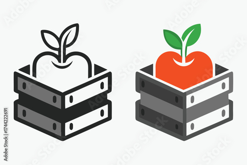 Two fruit crate icons with apples and outline symbol