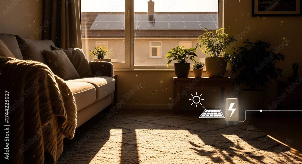 Obraz premium Cozy living room bathed in sunlight with plants and sofa.