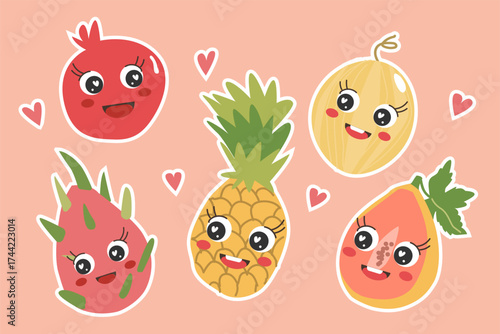 Cute tropical fruits sticker collection in kawaii cartoon style. Adorable smiling characters of dragon fruit (pitahaya), pineapple, melon, pomegranate, and papaya. Colorful flat vector set with happy 