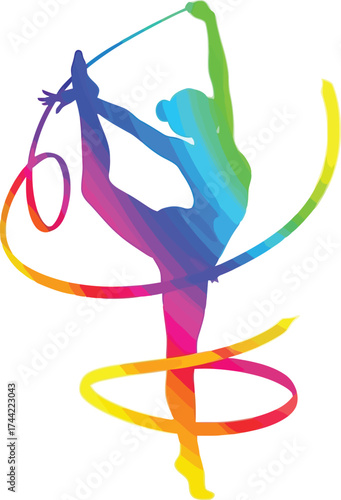 Colorful rhythmic gymnast silhouette performing with ribbon, showcasing flexibility and grace, perfect for sports or dance themed designs and vibrant athletic art