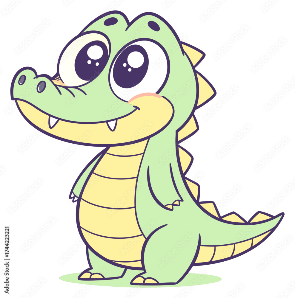 Obraz premium A friendly bright green baby alligator reptile with oversized adorable sparkling eyes.Isolated transparent background ( include cut-out PNG file )