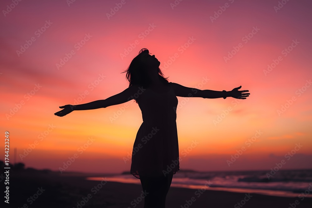 Fototapeta premium Woman Silhouetted Against a Vibrant Sunset Sky with Arms Raised