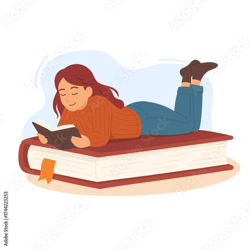 A Young Girl Enjoys Reading a Book while lies on a book with open book in her hands. Concept illustration of learning, distance studying and self education. Young woman student character