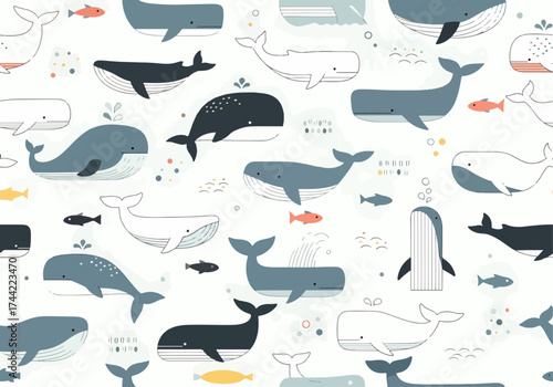 Vector seamless pattern with blue whales. Pattern with whales. Undersea world. Marine life.