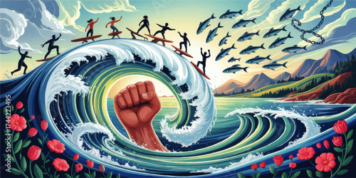 Surreal Ocean Wave Art with Surfers, Raised Fist, Leaping Fish, and Vibrant Flowers Against Scenic Mountains at Sunrise