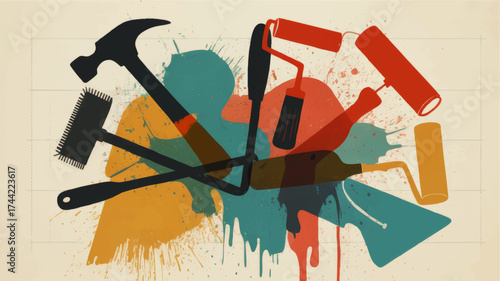 Modern Abstract Painting Tools Illustration – Colorful Artistic Paint Rollers, Hammer, Splashes for Creative Home Design