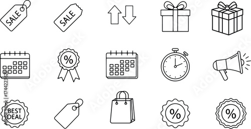 E-commerce vector icon set for sales promotions, featuring price tags, calendars, gift boxes, percentage badges, a countdown timer, and a megaphone announcement