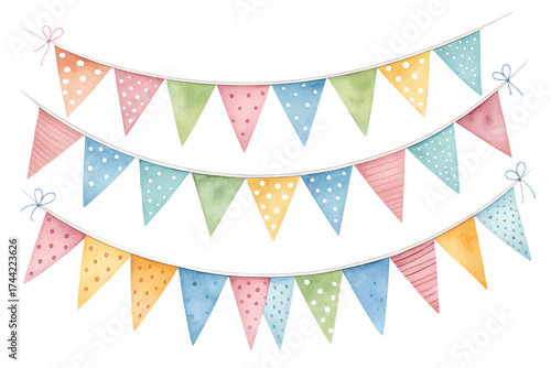Watercolor illustration of colorful bunting flags arranged in a festive string design. The flags are painted in soft pastel and bright watercolor tones, creating a cheerful and playful atmosphere. Per