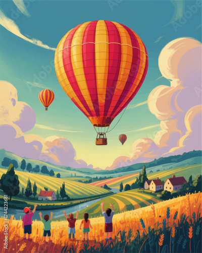 Colorful Hot Air Balloons Floating Over Scenic Countryside Fields with Children Watching on Sunny Summer Day, Vibrant Illustration