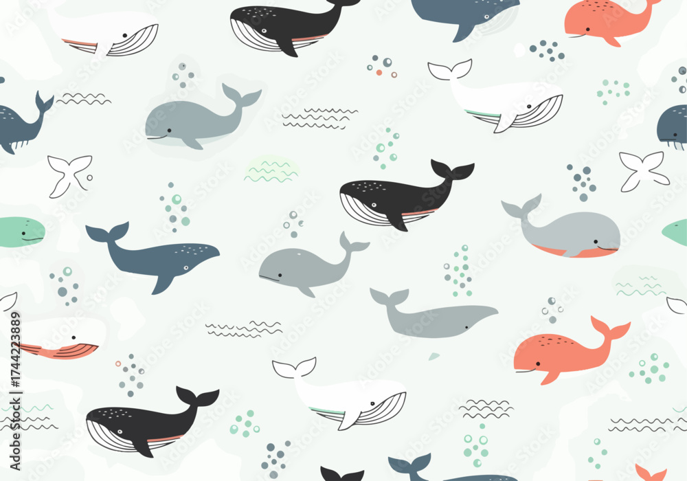 Obraz premium Ocean animal repeating pattern featuring cute whales and tiny fish shapes
