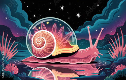 Surreal snail with glowing shell in a dreamy night landscape