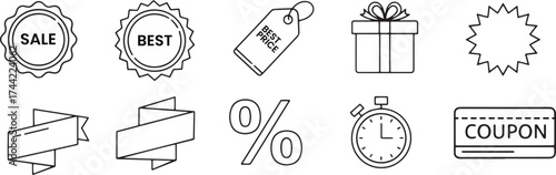 Essential e-commerce promotional vector icons set, featuring 'sale' and 'best' badges, price tags, gift boxes, percentage symbols, and limited-time coupons