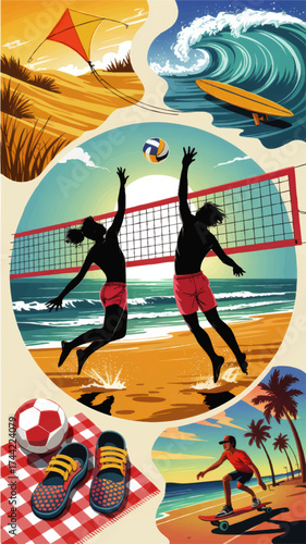Vibrant Summer Beach Activities Illustration – Volleyball, Surfing, Skateboarding, Kite Flying, Picnic, Sunset Ocean Scene