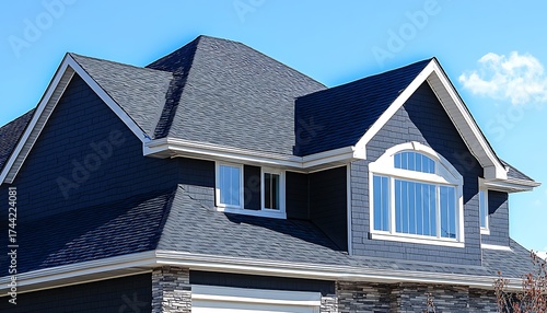 Modern Home Exterior with Blue Siding, Shingle Roof, and White Trim under Blue Sky