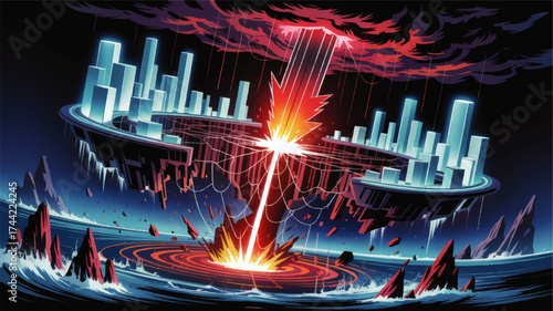 Futuristic Floating City Struck by Energy Beam, Concept Art of Apocalyptic Sci-Fi Metropolis in Vibrant Neon Colors