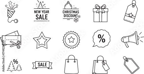 E-commerce promotional discount icons vector set for sale, Christmas, and New Year offers, featuring price tags, shopping bags, gifts, stars, and coupons