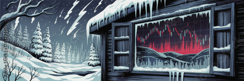 Winter Storm Landscape with Cabin Window Showing Bearish Stock Market Chart, Volatility and Financial Crisis Concept Illustration