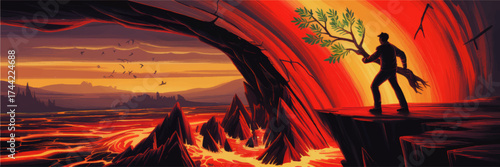 Man holding tree sapling standing on cliff over lava river, hope and nature vs destruction, sunset volcanic landscape illustration
