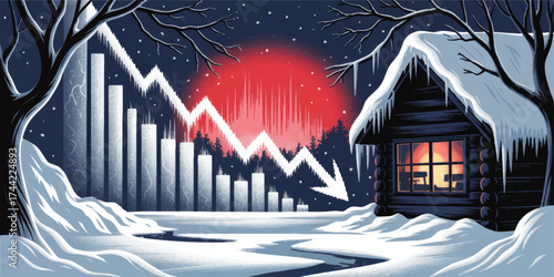 Winter Recession Concept Illustration – Downward Stock Market Graph, Snowy Landscape, Cabin, Economic Crisis, Cold Financial Decline