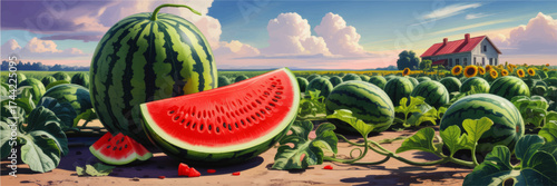 Juicy Watermelon Slice in Vibrant Summer Field with Farmhouse and Sunflowers Under Blue Sky – Vector Illustration