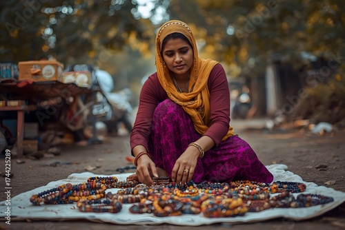 Woman selling handmade beaded jewelry at outdoor market