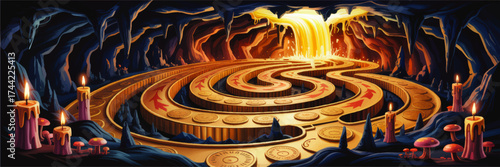 Fantasy Cave with Golden Maze Path, Candlelight, Glowing Mushrooms, and Magical Waterfall – Mystical Adventure Illustration