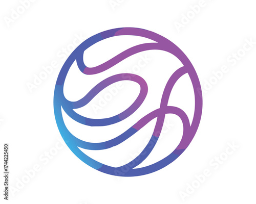 A circular abstract design featuring flowing lines with a vibrant gradient from blue to purple, suggesting movement and energy