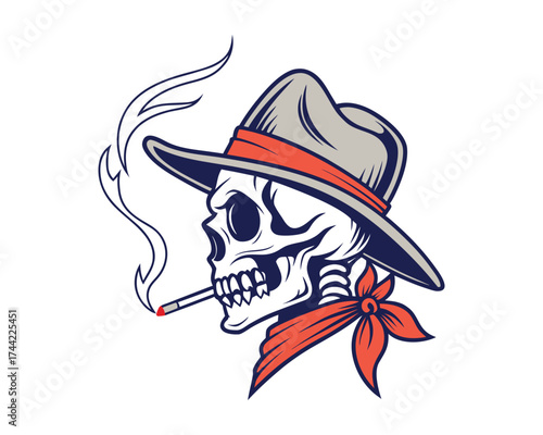 A stylized illustration of a cowboy skeleton wearing a hat and bandana, with smoke rising from a cigarette in its mouth.