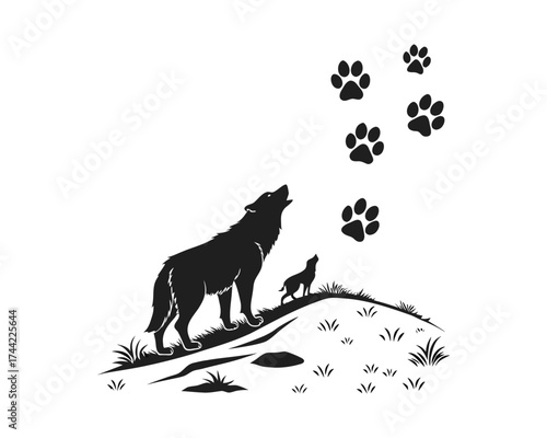 A silhouette of a wolf and its pup howling on a grassy hill, with paw prints ascending into the sky