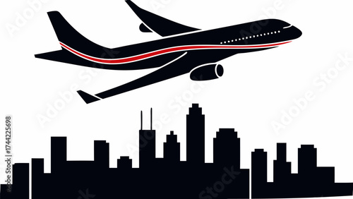Modern airplane soaring above city skyline, a symbol of travel and urban adventures ahead for passengers