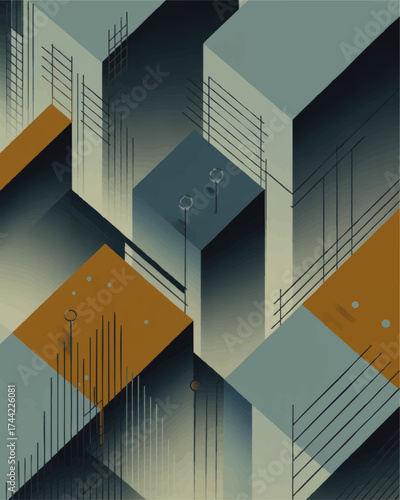 Geometric Abstract Architecture Background – Modern Cubist Design in Blue, Beige, and Gold, Futuristic Urban Art Illustration