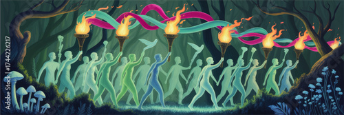 Mystical Night Parade in Enchanted Forest with Torches, Ethereal Figures, Flowing Ribbons, and Glowing Mushrooms