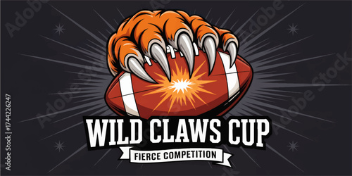 Wild Claws Cup Fierce Competition Logo with Animal Claw Grabbing American Football, Dynamic Sports Tournament Design