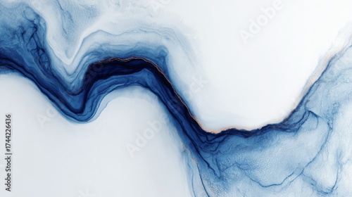 Abstract blue ink wash painting gold accents modern art © PNG House