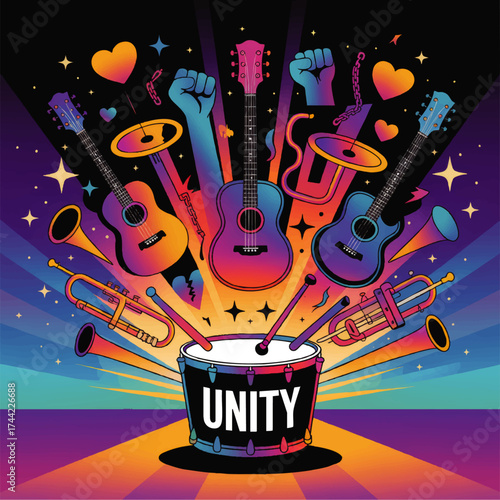 Vibrant Unity in Music Illustration – Colorful Guitars, Trumpets, Drums, Raised Fists and Hearts on Black Background for Activism and Festival Concepts