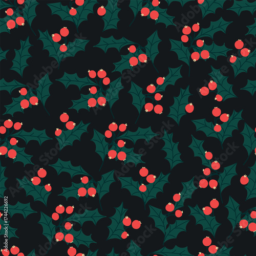 Festive seamless pattern with holly branches. Holiday Christmas background for wallpapers, textile, wrapping paper. Vintage template for fashion prints.
