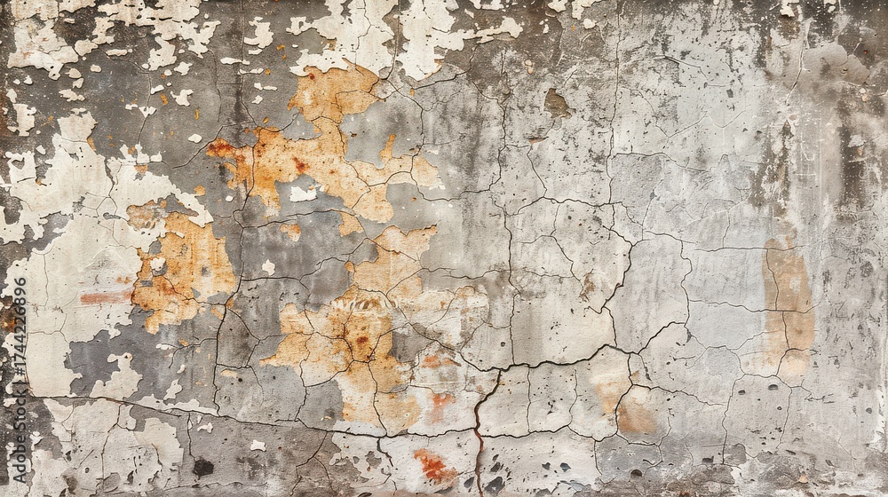 Obraz premium Discover the raw, textured beauty of aged plaster walls with peeling paint and intricate cracks, perfect for adding vintage character and depth to your designs.