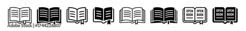Collection of open book icons, some filled, some outlined