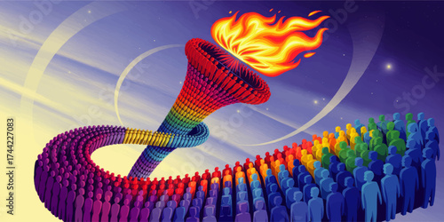 Unity and Diversity Torch Relay Concept – People Forming Rainbow Spiral with Flame Against Cosmic Night Sky Illustration