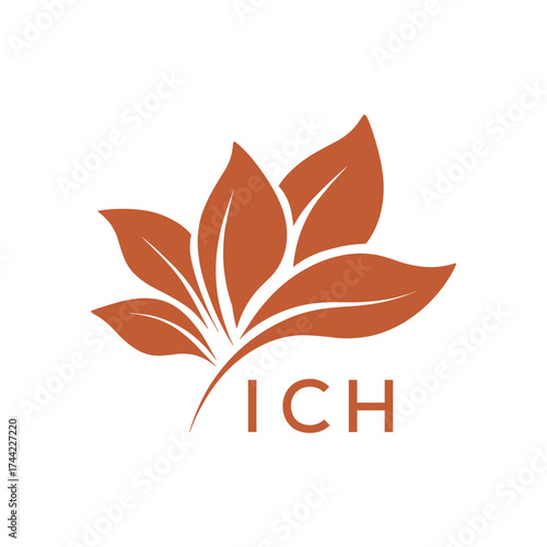 Botanical Nature Logo with Leaves in Brown, ICH Later Logo, Elegant Plant Emblem with Typography, 
