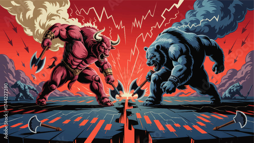 Epic Bull vs Bear Stock Market Battle Illustration – Powerful Financial Metaphor, Red and Blue Dramatic Lightning Clash, Vector Art