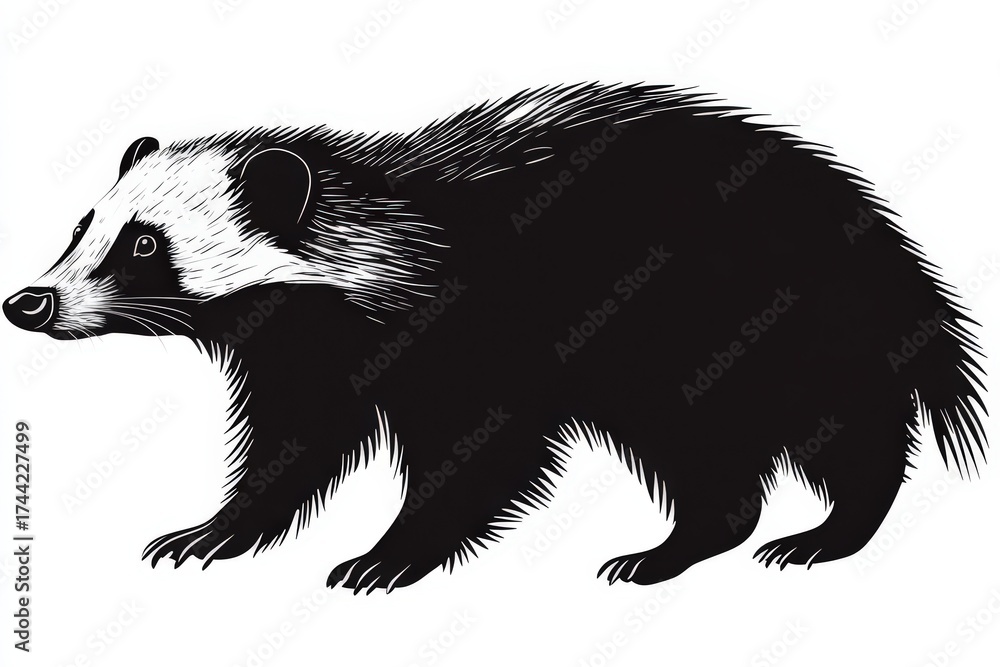 Obraz premium Black and white illustration of badger isolated on white background